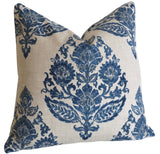 Antique Blue Damask Pillow Cover / Blue Beige Floral Cushion / Damask Pillow Cover / French Country Pillow Cover / Block Print Pillow Cover