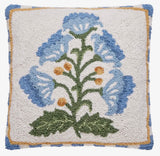Block Print Inspired Hooked Pillow with Blue Flowers - Annabel Bleu