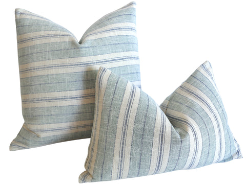 Seafoam Green Cream and Blue Striped Pillow Cover / Couch Pillows / Soft Textured Vintage Washed Cotton / Cotton Ticking Pillow Case / Striped Cushions - Annabel Bleu