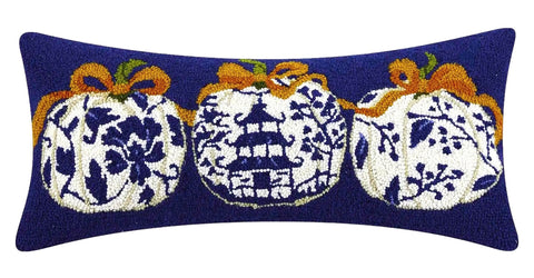 Chinoiserie Pumpkins Wool Hooked Pillow 12x26” - Annabel Bleu
