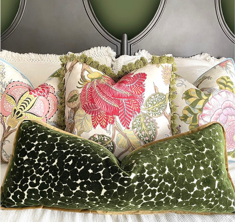 Bedroom Pillow Set: Schumacher Indian Arbre Pillows with Tassel and Velvet Piping Trim - Annabel Bleu