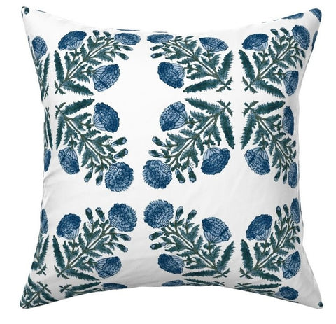 Sale: Blue Carnation Linen Block Print Pillow Cover