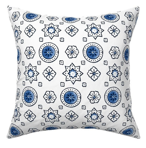 Sale: Blue Moroccan Stars Linen Block Print Pillow Cover