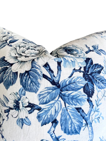 Helene: Blue and White Floral Linen Pillow Cover Available in 10 Sizes