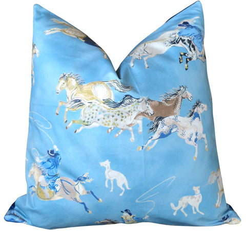 Sale: 22x22 Blue Pillow Covers / Navy Woven / Vintage Blue Roses / Galloping Horses Pillow Case - Annabel Bleu