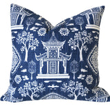 Navy Blue White Pagoda Pillow Sham / Chinoiserie Pillow Cover