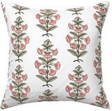 Coral Pink and Dark Green Petunia Block Printed Canvas Pillow Cover: Available in 10 Sizes