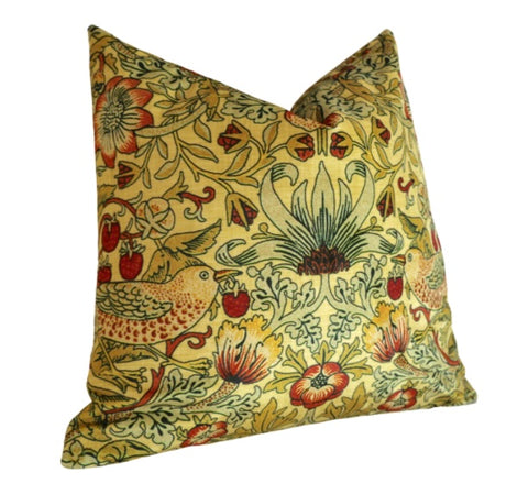 Sale: 22x22 Yellow William Morris Strawberry Thief Velvet Pillow Cover