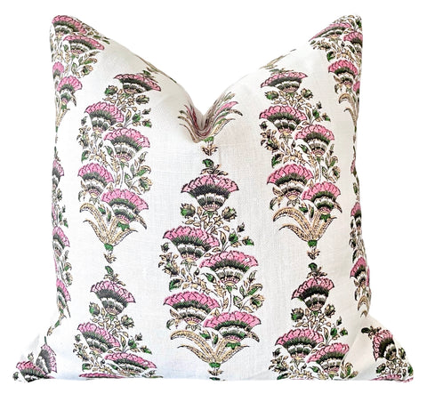 Pink & Green Floral Fans Block Printed Linen Pillow Cover: Available in 10 Sizes