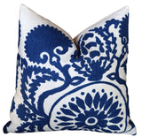 Schumacher Castanet Embroidered Pillow Cover: Blue Folk Art Suzani Pillow Cover - Annabel Bleu