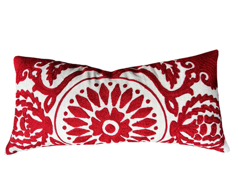 Schumacher Castanet Embroidered Pillow Cover: Red Folk Art Suzani Pillow Cover - Annabel Bleu