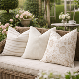 French Country Indoor Outdoor Pillow Cover / Beige White Patio Pillow / Porch Pillow Cover / Outdoor 12x18 18x18 20x20 - Annabel Bleu