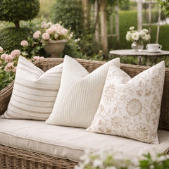 French Country Indoor Outdoor Pillow Cover / Beige White Patio Pillow / Porch Pillow Cover / Outdoor 12x18 18x18 20x20