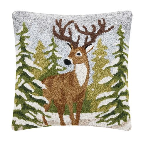 Snowy Weather Deer Hooked Pillow / Ski Cabin Decorative Pillow - Annabel Bleu