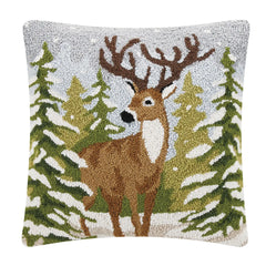 Snowy Pines Deer Hooked Pillow / Ski Cabin Decorative Pillow
