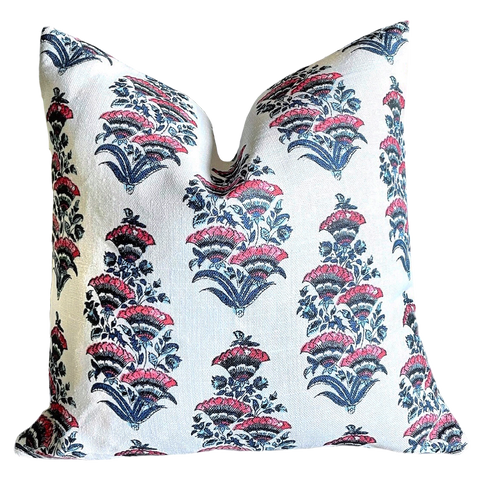 Sale: Pink, White, and Indigo Linen Block Print Pillow Cover