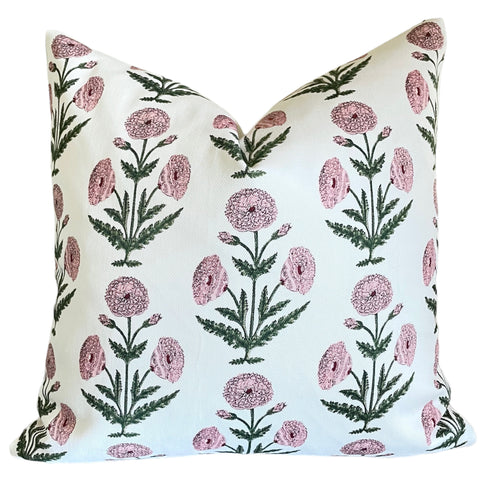 Sale: Pink and White Carnation Block Print Pillow Cover 17x18”