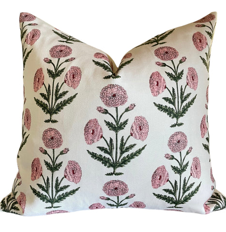 Sale: Pink and Ivory Carnations Block Print Pillow Cover 17x18”