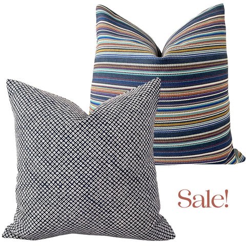 Sale: Outdoor Navy Sunbrella Pillow Cover: Multicolored Stripe or Indigo Shibori Dots