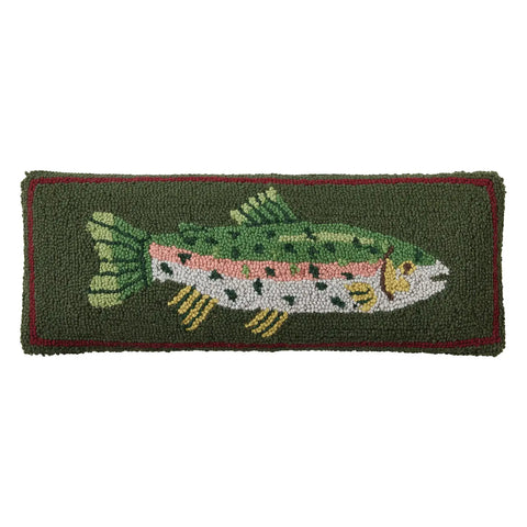 Dark Green Trout Hooked Pillow 8x22”