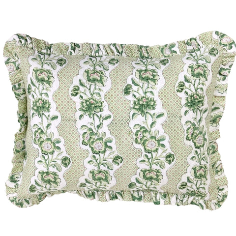 French Dominotes Green Pillow Cover / Block Printed Ruffle Pillow Cover 12x16” / Cottage Core Decor