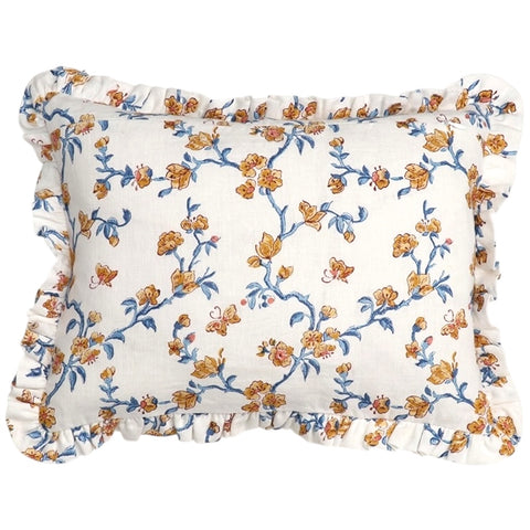 Yellow and Blue Floral Pillow Cover / Block Printed Ruffle Pillow Cover 12x16” / Cottage Core Decor - Annabel Bleu