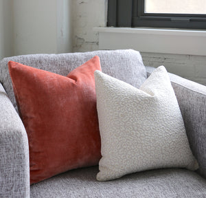 Snow Leopard pillow and Coral Velvet Pillow