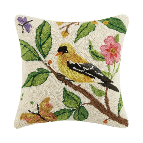 Lovely Goldfinch Wool Hooked Pillow - Annabel Bleu