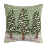 Snowy Green Pine Tree Wool Hooked Pillow - Annabel Bleu
