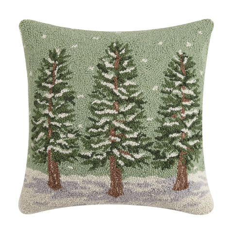 Snowy Green Pine Tree Wool Hooked Pillow - Annabel Bleu