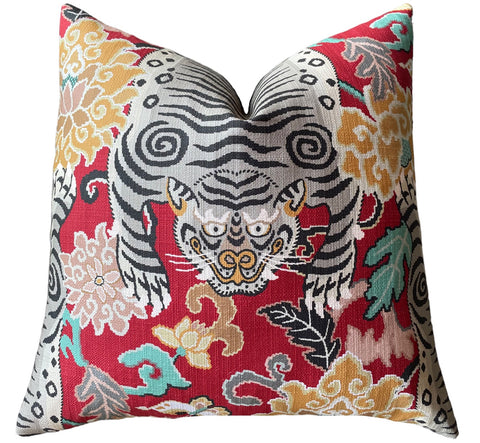 Sale: Tiger Floral on Red Pillow Cover 22x22 - Annabel Bleu