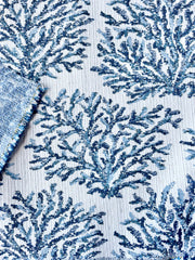Coral Fans Navy Blue & White Woven Outdoor Upholstery Fabric by the Yard