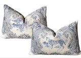 Pair of Navy Blue and Beige Linen Paisley Cheetah Pillow Cover - Annabel Bleu