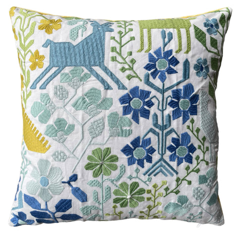 Blue Green and White Schumacher Lupita Embroidery Pillow Cover - Annabel Bleu