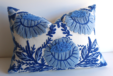 Abigayl: Swedish Hand Embroidered Wool & Linen Schumacher Marguerite Pillow Cover - Annabel Bleu