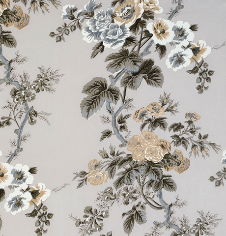 Schumacher Fabric by the yard: PYNE HOLLYHOCK, Grisaille - Annabel Bleu