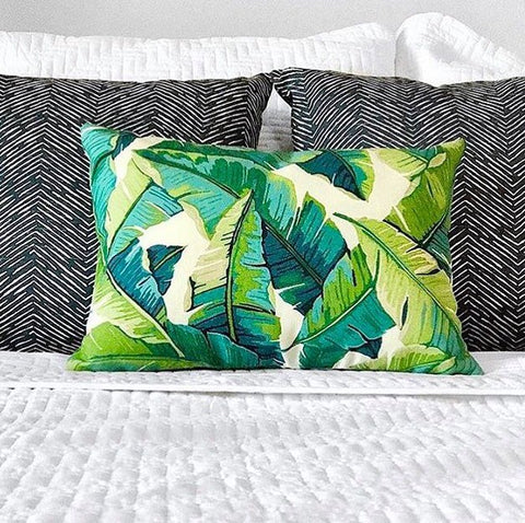 One Miami Style Tropical Palm Leaves Pillow Cover Banana Leaf Outdoor Pillow Aqua Turquoise Navy Annabel Bleu