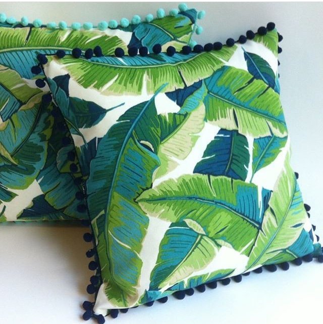 Pom Pom Pillow Cover Tropical Teal Lime and Navy Palm Leaves Pillow Cover Outdoor Pillow Lumbar Aqua Turquoise Outdoor Pillow cover