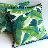 Pom Pom Pillow Cover / Tropical Teal Lime and Navy Palm Leaves Pillow Cover / Outdoor Pillow Lumbar / Aqua Turquoise Outdoor Pillow cover - Annabel Bleu