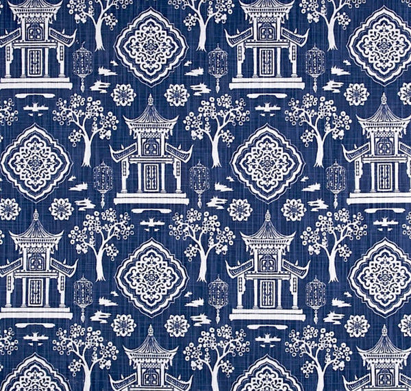 Cotton Linen Rayon Chinoiserie Navy Blue Red Green Dragon Pagoda Upholstery Drapery offers Fabric