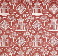 Red Pagoda fabric by the Yard / Linen upholstery fabric / Linen Home Decor Fabric / Chinoiserie Upholstery Fabric / Asian Home Fabric