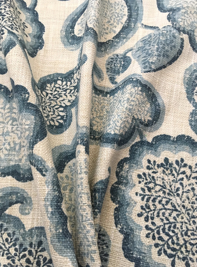 7 yards Floral Linen Fabric / Blue Linen Upholstery / Drapery