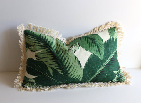 Linen Banana Leaf pillow cover with Boho Cream Fringe / Banana leaf 12x21 16x16 18x18 20x20 22x22 24x24 26x26 16x24 14x36 cushion cover - Annabel Bleu