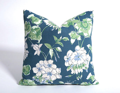 Blue Geranium Pillow Cover / Invisible Zipper Pillow cover / White Blue Grey Pillow Cover / Lumbar pillow / Floral Pillow Cover - Annabel Bleu