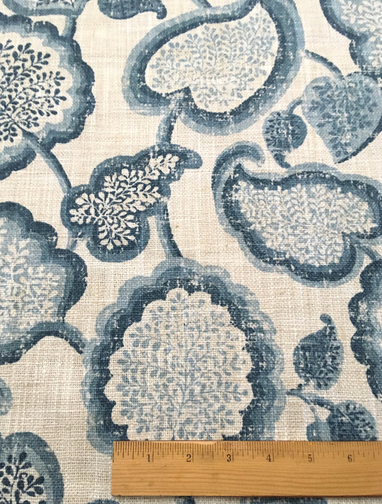 7 yards Floral Linen Fabric / Blue Linen Upholstery / Drapery Fabric /  Woven Blue Fabric / Heavy weight Fabric / Dark Blue Linen
