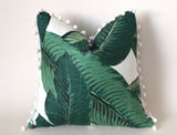 Banana Leaf pillow cover: Linen with Fringe or Pom poms / Banana 18x18 / Hollywood Regency Pillow / Beverly Hills Banana Leaves Pillow Cover - Annabel Bleu