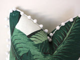 Linen Green Banana Leaves pillow cover with Pom poms / Banana leaf 12x21 16x16 18x18 20x20 22x22 24x24 26x26 16x24 14x36 - Annabel Bleu