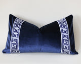 Navy Velvet Pillow Cover with Navy Greek Key Trim - Annabel Bleu