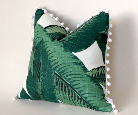 Linen Green Banana Leaves pillow cover with Pom poms / Banana leaf 12x21 16x16 18x18 20x20 22x22 24x24 26x26 16x24 14x36 - Annabel Bleu