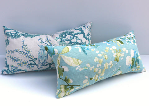 Vern Yip Pillow / Aqua Floral Pillow / Light Turquoise 12x21 / 12x21 Blossom Pillow / 12x21 Asian Pillow Cover / Teal 12x21 Pillow Case - Annabel Bleu